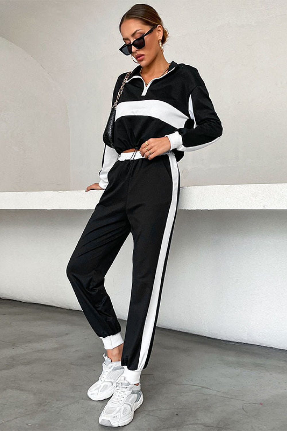 Striped Half Zip Cropped Sweatshirt and Joggers Set