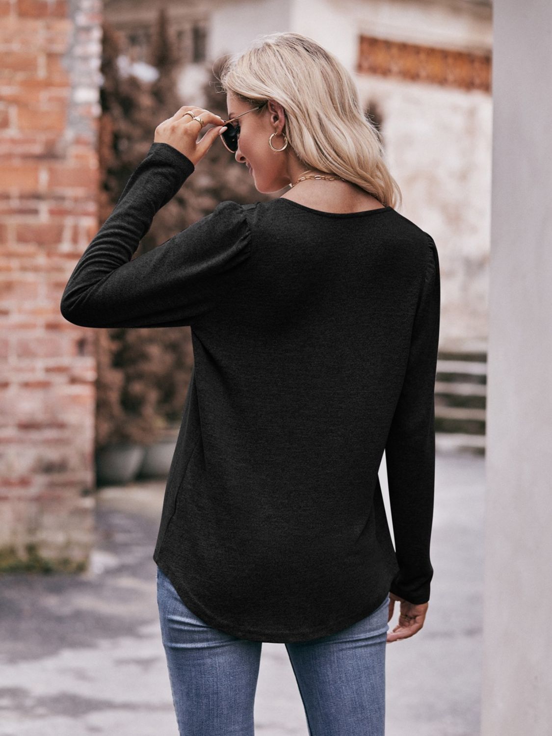 Double Take Pleated Detail Curved Hem Long Sleeve Top