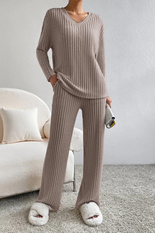 Ribbed V-Neck Top and Pants Set