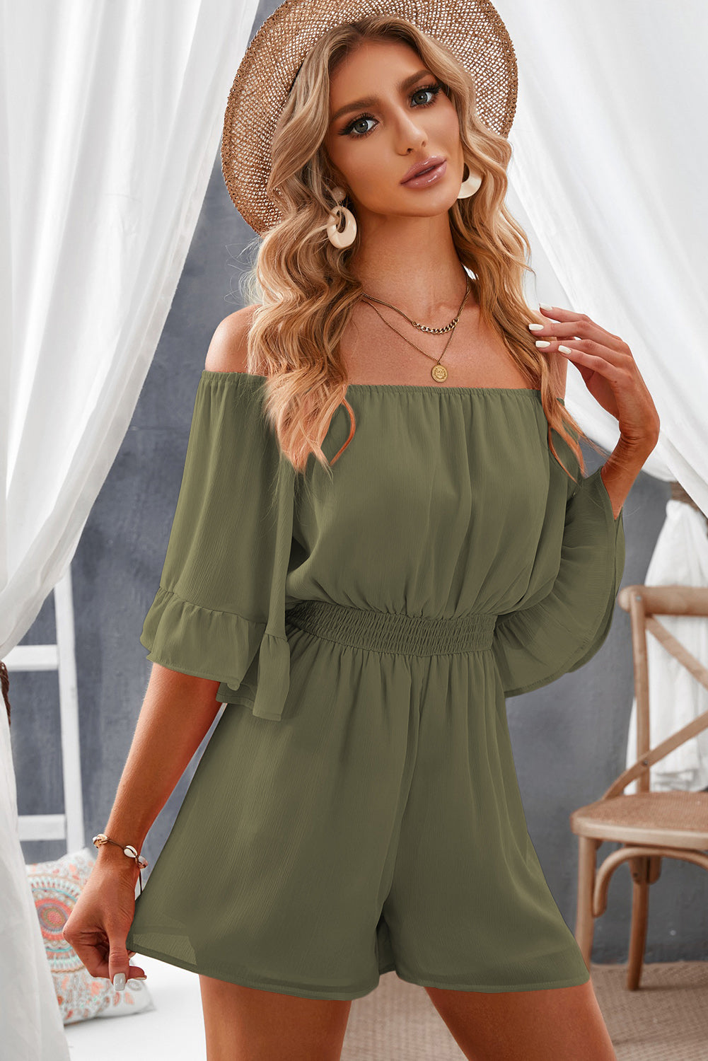 Off-Shoulder Smocked Waist Flounce Sleeve Romper